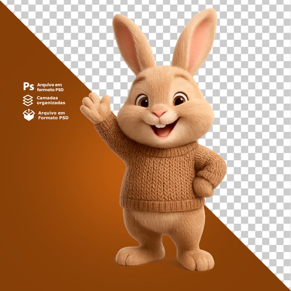 MOQ COELHO ACENANDO COM UMA DAS MÃOS EM CLIMA ALEGRE COMPOSIÇÃO 3D
