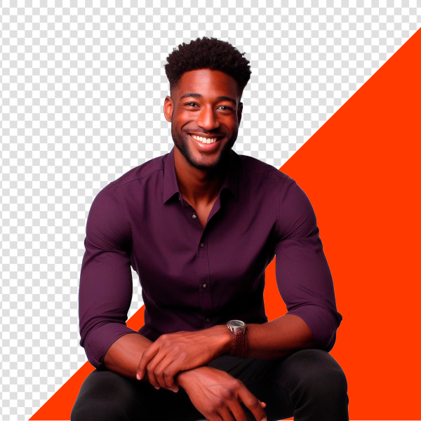 JOVEM SENTADO COM CAMISA ROXA E MÃOS ENTRELAÇADAS