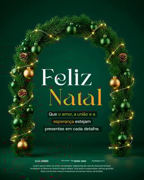 Feliz Natal: Guirlanda Festiva, Bolas Douradas E Verdes, Mensagem De Esperança Social Media PSD Editável