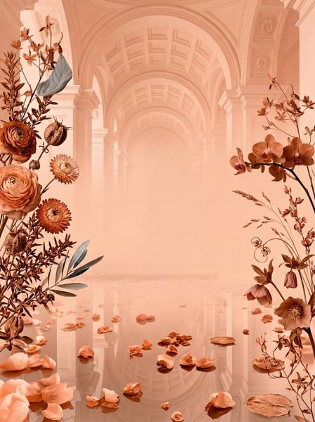 CENÁRIO ARQUITETÔNICO CLÁSSICO EM TON PÊSSEGO COM MOLDURA DE FLORES SECAS E REFLEXO NO PISO