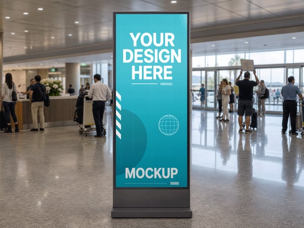 TOTEM PUBLICITÁRIO MOCKUP NO SAGUÃO DE DESEMBARQUE VISTA FRONTAL