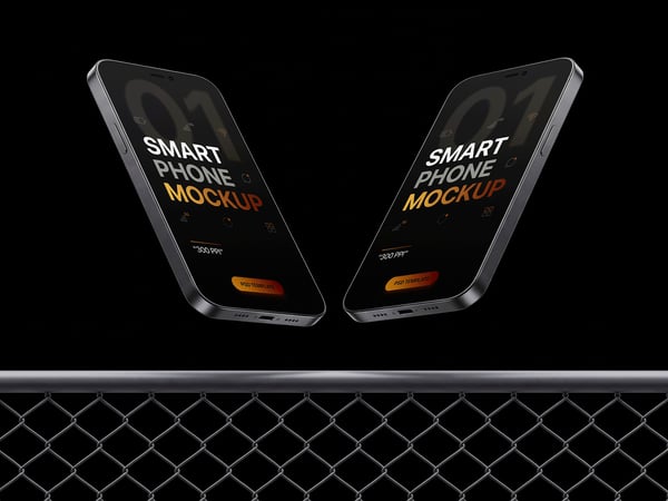 SMARTPHONES MOCKUP FLUTUANDO ACIMA DE GRADE VISTA EM PERSPECTIVA