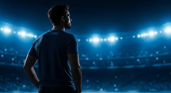 HOMEM EM ESTÁDIO ILUMINADO NOITE VISTA TRASEIRA ESPORTE E AMBIENTE