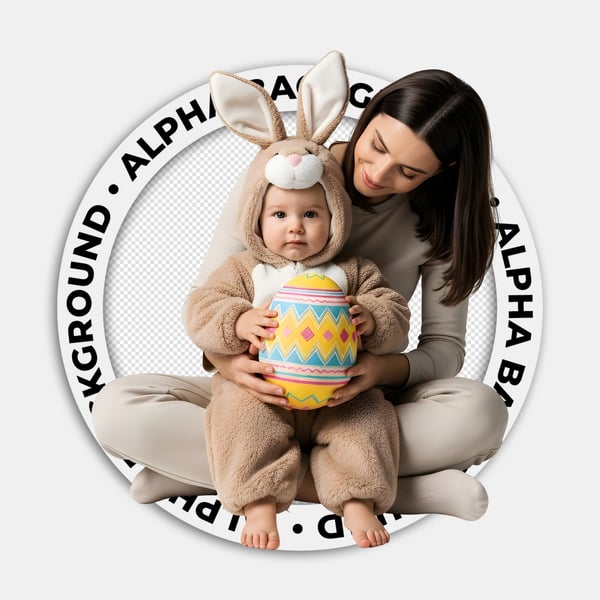 CRIANÇA NO COLO DA MÃE COM UMA FANTASIA DE COELHINHO DA PÁSCOA SENTADA SEGURANDO UM OVO DA PÁSCOA 04