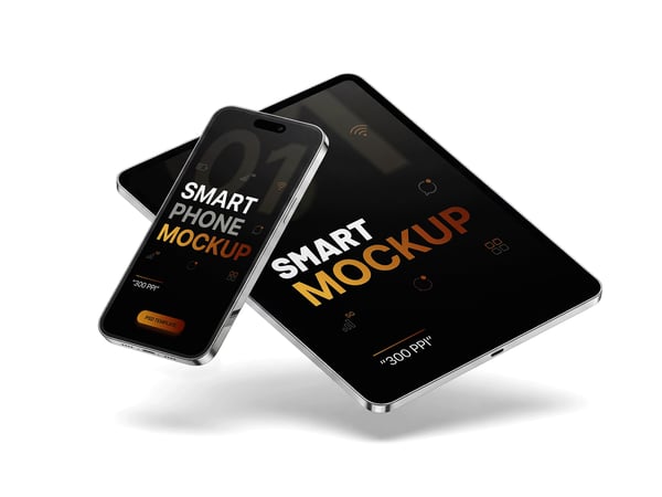 TABLET E SMARTPHONE MOCKUP FLUTUANDO VISTA EM PERSPECTIVA