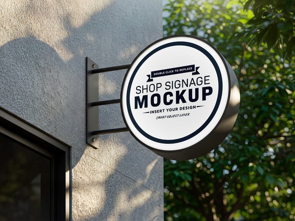GVA PLACA REDONDA NA FACHADA DO PRÉDIO MOCKUP LOJA COMÉRCIO NEGÓCIOS DIVULGAÇÃO PSD