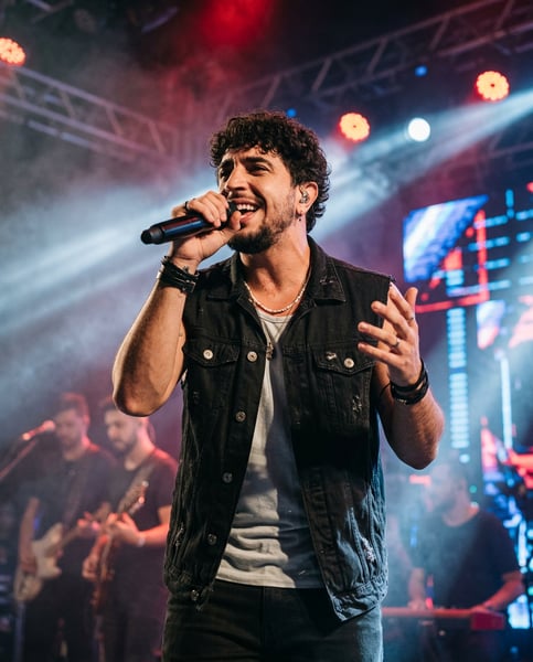Prompt Editável para Artista Cantor em cima do palco de show ensaio artista