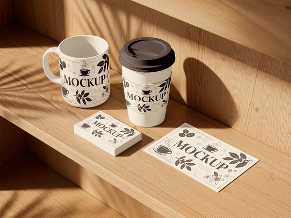 PAPELARIA DE CAFÉ MOCKUP EM PRATELEIRA DE MADEIRA VISTA SUPERIOR