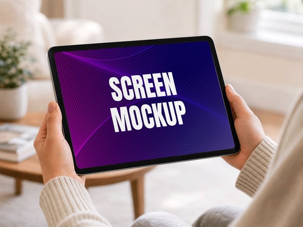TABLET MOCKUP EM MÃOS SALA DE ESTAR AO FUNDO