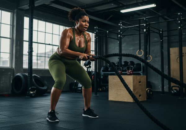 MULHER FORTE E SUADA TREINANDO COM CORDA NAVAL EM ACADEMIA TREINO INTENSO DE FORA E FITNESS