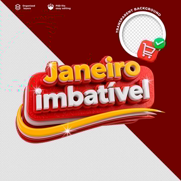 LOGO JANEIRO IMBATÍVEL 3D VERMELHO DOURADO COM CARRINHO DE COMPRAS BRILHANTE