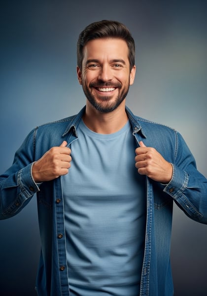 RETRATO DE HOMEM FELIZ E CONFIANTE SORRINDO COM BARBA CAMISA JEANS E CAMISETA AZUL EM ESTÁDIO