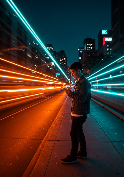 JOVEM USANDO SMARTPHONE NA NOITE NA CIDADE COM LUZES DE NEON E RASTROS DE VELOCIDADE FUTURISTAS