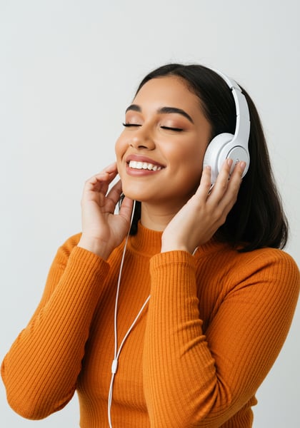 MULHER JOVEM FELIZ OUVINDO MÚSICA COM FONES DE OUVIDO GAROTA SORRINDO E RELAXADA DESFRUTANDO DE ÁUDIO PRAZER E BEM ESTAR