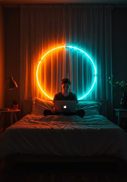 JOVEM HOMEM TRABALHANDO EM LAPTOP NA CAMA COM LUZ NEON VIBRANTE QUARTO ESCURO E MODERNO CONCEITO DE HOME OFFICE E TECNOLOGIA