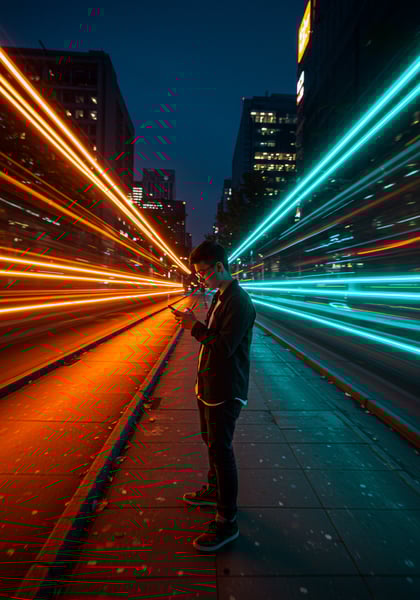 JOVEM HOMEM COM SMARTPHONE EM RUA NOTURNA COM TRILHAS DE LUZ VELOCIDADE TECNOLOGIA URBANA E CONEXÃO DIGITAL