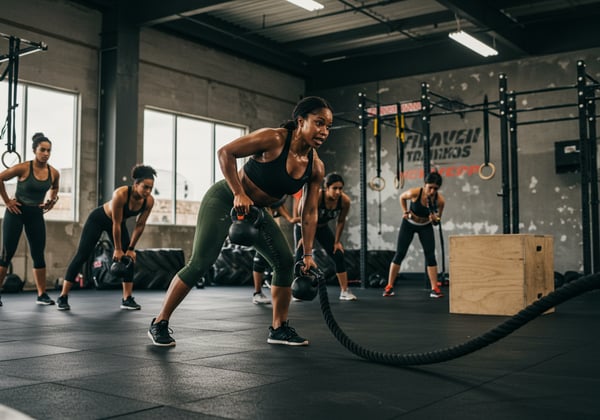 MULHERES TREINANDO INTENSAMENTE COM KETTLEBELLS E CORDAS NAVAIS EM ACADEMIA DE CROSSFIT TREINO DE FORA E FITNESS EM GRUPO