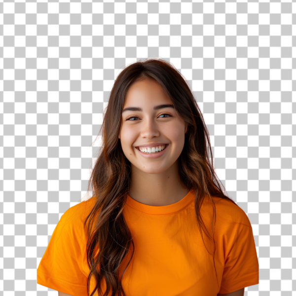 MULHER SORRIDENTE COM ROUPA LARANJA