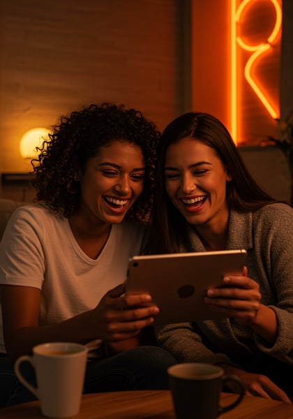 AMIGAS FELIZES RINDO JUNTAS COM TABLET COMPARTILHANDO ENTRETENIMENTO DIGITAL EM CASA