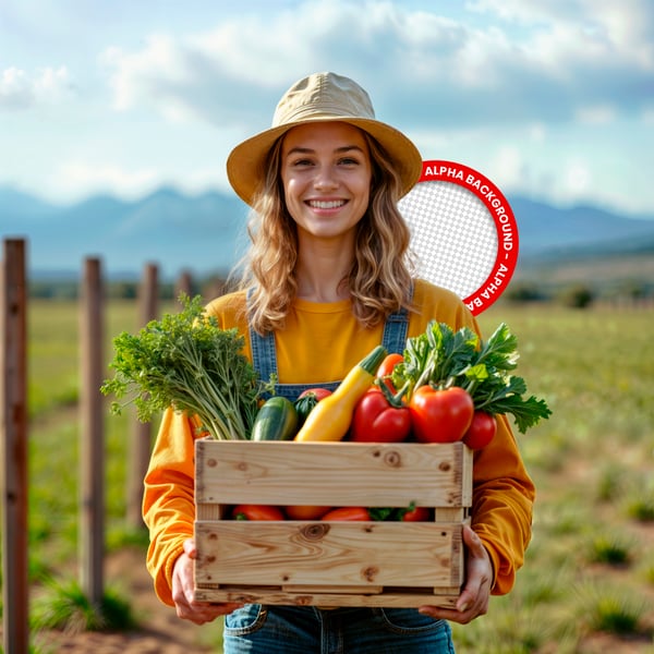 AGO AGRICULTORA COM ALIMENTOS FRESCOS NO CAMPO – IMAGEM PARA COMPOSIÇÃO PSD