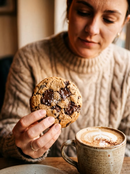MULHER TOMANDO UM CAFÉ DA MANHÃ E COMENDO COOKIES 2