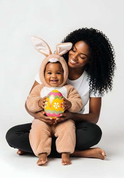 CRIANÇA NEGRA NO COLO DA MÃE NEGRA COM UMA FANTASIA DE COELHINHO DA PÁSCOA SENTADA SEGURANDO UM OVO DA PÁSCOA 02