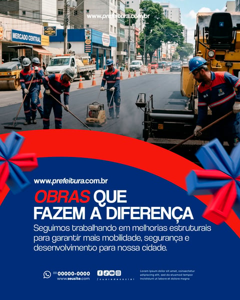 OBRA PÚBLICA PAVIMENTAÇÃO PREFEITURA SOCIAL MEDIA PSD EDITÁVEL
