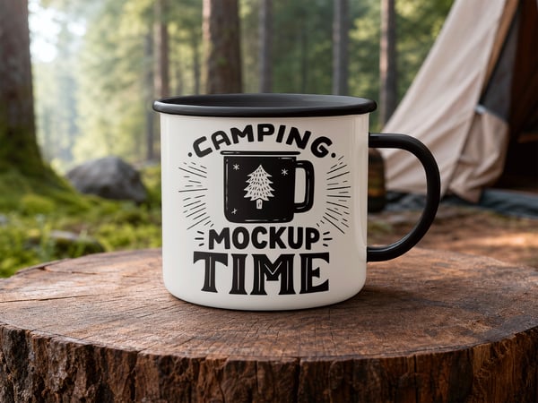 CANECA DE CAMPING MOCKUP EM ACAMPAMENTO FLORESTA AO FUNDO
