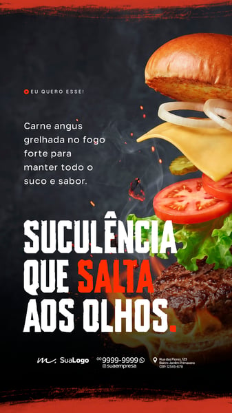 HAMBURGUERIA NA BRASA ARTESANAL GOURMET SOCIAL MEDIA PSD EDITÁVEL 6 STORY