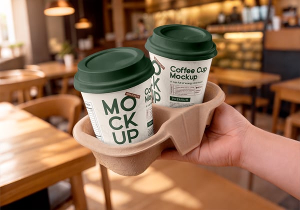 COPOS DE CAFÉ NO SUPORTE PSD EDITÁVEL MOCKUP
