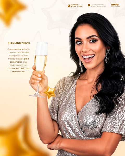 MULHER SORRIDENTE COM CHAMPAGNE DOURADO BRILHANTE EM FUNDO FESTIVO LUXUOSO