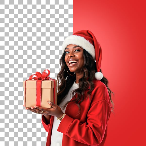 MULHER NEGRA SORRIDENTE COM ROUPA DE NATAL SEGURANDO PRESENTE PSD EDITÁVEL