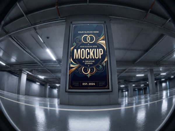 OUTDOOR MOCKUP EM GARAGEM DE ESTACIONAMENTO LENTE ANGULAR