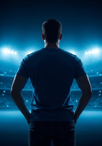 HOMEM DE COSTAS OLHANDO PARA AS LUZES DE UM ESTÁDIO ILUMINADO CONCEITO DE SUCESSO CONQUISTA E DESAFIO ESPORTIVO