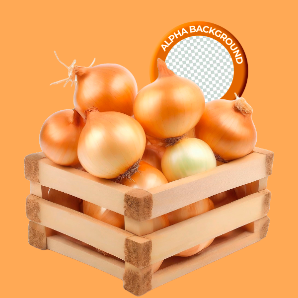 ELEMENTO CAIXOTE COM CEBOLA PARA COMPOSIÇÃO PNG TRANSPARENTE SEM FUNDO