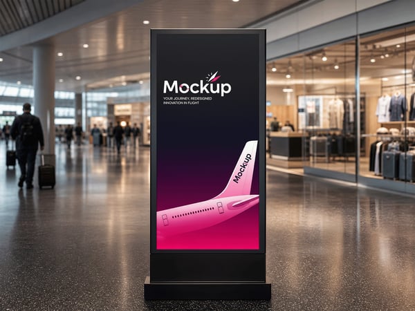 TOTEM PUBLICITÁRIO MOCKUP NO SAGUO DE AEROPORTO LOJA AO FUNDO