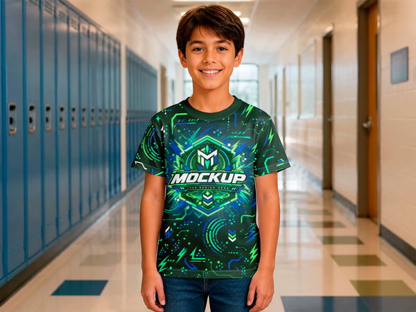 CAMISETA INFANTIL MOCKUP NO CORREDOR ESCOLAR CRIANÇA DE FRENTE