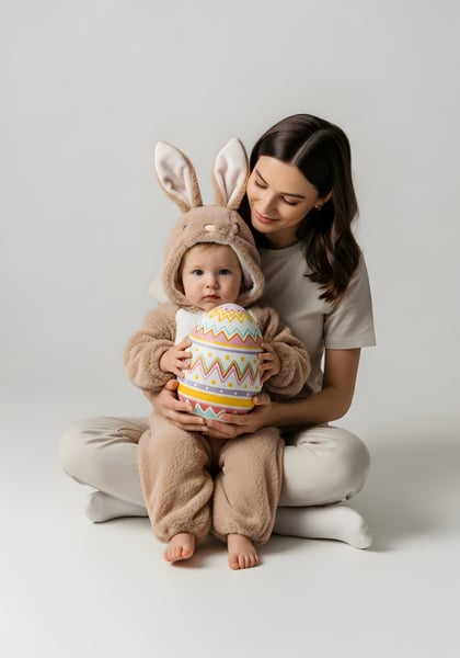 CRIANÇA NO COLO DA MÃE COM UMA FANTASIA DE COELHINHO DA PÁSCOA SENTADA SEGURANDO UM OVO DA PÁSCOA 01