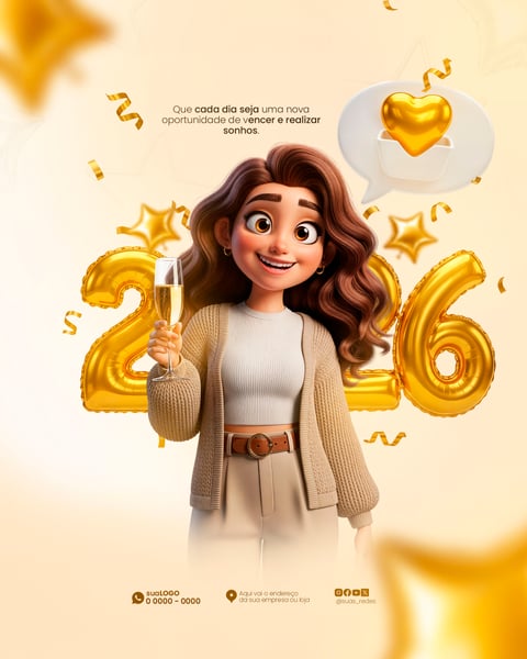 MULHER 3D FESTA ANO NOVO DOURADA BRILHANTE COM BALÕES E CONFETES FELIZ 2026