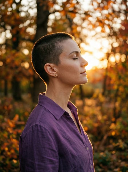 MULHER DE CABELO MUITO CURTO RESSPIRANDO COM OLHOS FECHADOS NO PÔR DO SOL NO OUTONO