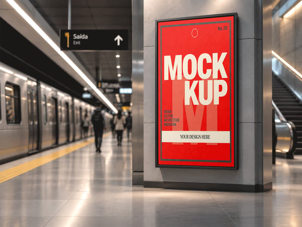 TELA DIGITAL MOCKUP NO METRO VISTA AMPLA DA PLATAFORMA