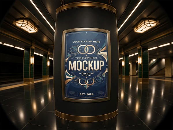 POSTER CURVO MOCKUP NO CORREDOR DE METRÔ LENTE ANGULAR