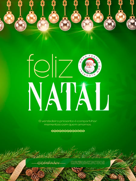 FELIZ NATAL FUNDO VERDE COM ORNAMENTOS SOCIAL MEDIA FLYER PSD EDITÁVEL