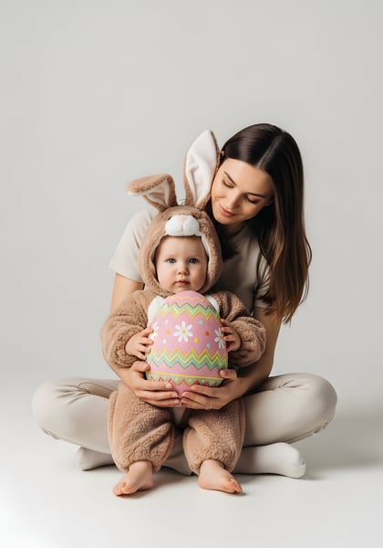 CRIANÇA NO COLO DA MÃE COM UMA FANTASIA DE COELHINHO DA PÁSCOA SENTADA SEGURANDO UM OVO DA PÁSCOA 03