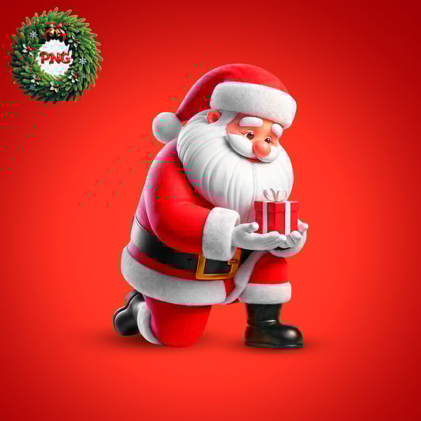 LWF PAPAI NOEL ABAIXADO DE JOELHOS SEGURANDO NAS MÃOS UM PRESENTE 3D PSD EDITÁVEL