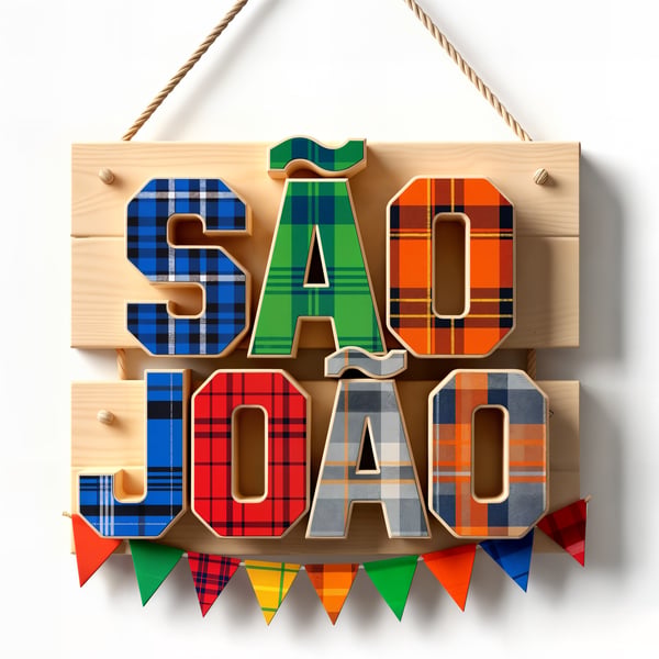 Selo 3D escrito São João com bandeirinhas para festa junina 2