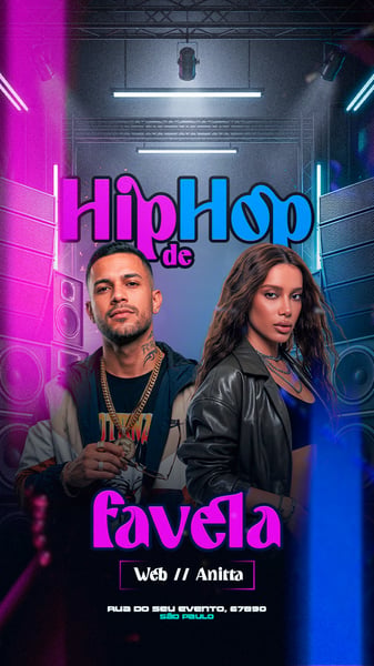 FLYER HIP HOP FAVELA NEON ROSA AZUL URBANO STORY PSD EDITÁVEL