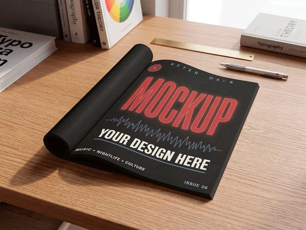 REVISTA ABERTA MOCKUP SOBRE MESA DE MADEIRA VISTA SUPERIOR