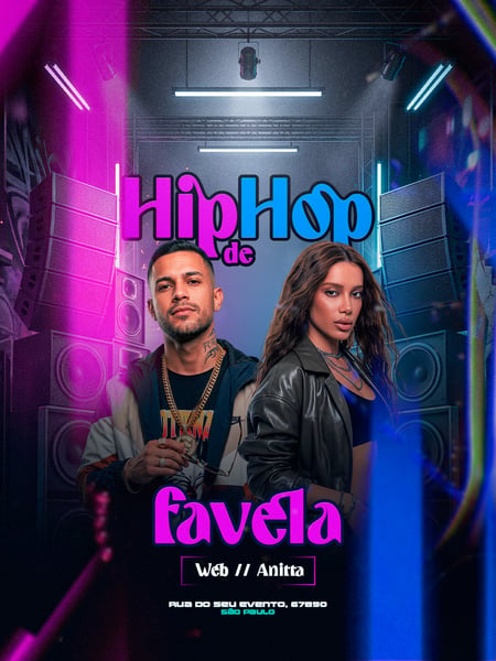 FLYER HIP HOP FAVELA NEON ROSA AZUL URBANO FEED PSD EDITÁVEL