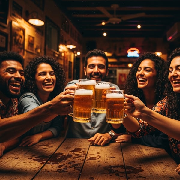 Grupo de amigos brindando com cerveja em bar animado